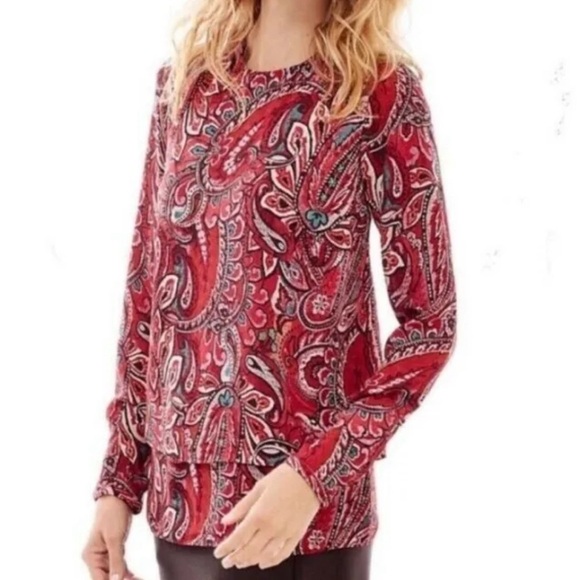 J. Jill Women's Tunic Top Paisley Red Floral Tiered Blouse SZ XL - Picture 1 of 11